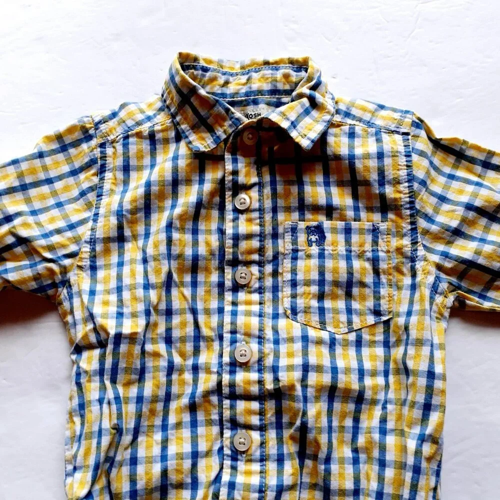 Oshkosh Boys Shirt Button Down Bodysuit Yellow Blue Plaid Long Sleeve 18 Months